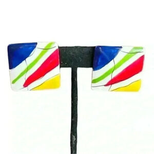 Vintage 80s multicolored abstract hand painted square post earrings
